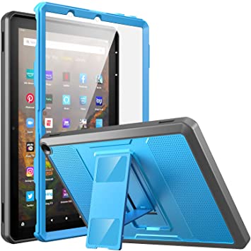 MoKo Case Fits All-New Kindle Fire HD 10 & 10 Plus Tablet (11th Generation, 2021 Release) 10.1", Full Body Rugged Hands-Free Viewing Stand Back Cover with Screen Protector,Blue&Gray