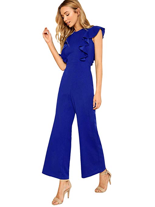 Romwe Women's Sexy Casual Sleeveless Ruffle Trim Wide Leg High Waist Long Jumpsuit