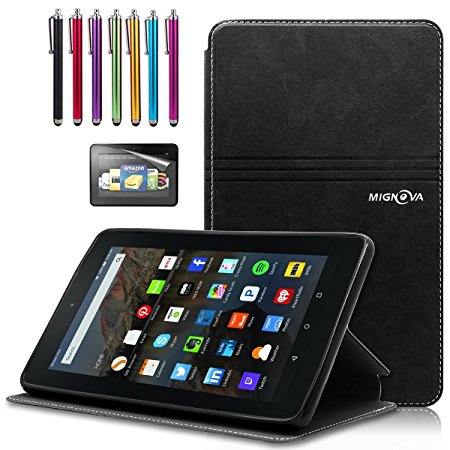 Amazon Fire 7" Case, Mignova Slim-Fit Synthetic Leather Folio Book Cover Case - Card Pocket, Kickstand Feature for Amazon Fire 7 Tablet 2015 Release   Free Screen Protector and Stylus (Black)
