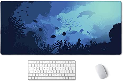 SSOIU Blue Ocean Big Turtle Desk Mat, Under The Sea Peaceful Extra Large Desk Mat, Extended Mouse Pad Cute, Gaming Desk Mat 35.5" X 15.7", Large Non-Slip Rubber Base Mousepad with Stitched Edges
