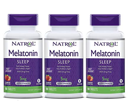 Natrol Melatonin Fast Dissolve Tablets, Strawberry Flavor, 5mg, 90 Count (Pack of 3)