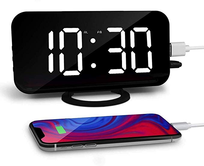 Aisuo 6.5" Alarm Clock, Large LED Display Digital Clock with Adjustable Brightness, 2 USB Charging Ports & Mirror Surface, for Women, Friends, Room Decor.