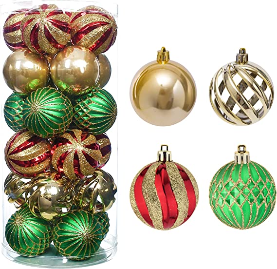 QinYing 24pcs 2.36'' Christmas Balls Ornaments Shatterproof Colorful Glittering Baubles Set Xmas Tree Pendants Holiday Party Balls Decoration(Red & Gold & Green 6cm)