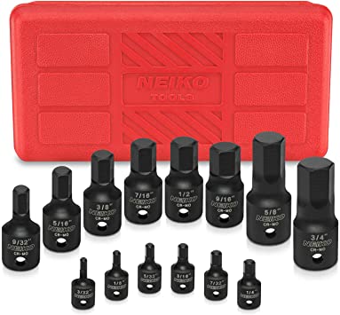 Neiko 01142B Impact Grade Allen Bit Socket Set, SAE Hex Driver, 3/32” to 3/4” | 14-Piece Set, 1/4”, 3/8” and 1/2-Inch Drive, Cr-Mo, One-Piece Construction