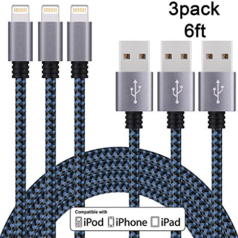 Sundix 3Pack 6FT Nylon Braided Lightning to USB Cable Compatible with iPhone 7/ 7Plus/ SE/ 6s/ 6 /6 Plus/ 6s Plus/ 5s/ 5c/ 5/ iPad Air/ Mini/ iPod Nano/ Touch (Black Blue)