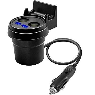 Car Cup Charger, Lovin Product 3 in 1 Quick Charge Travel Cup Holder USB Car Charger; 2 Port USB Chargers & 2 Cigarette Lighter Socket & Phone Holder, for multi devices