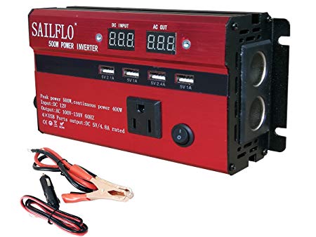 SAILFLO Power Inverter 500W Peak DC 12V to AC 110V Car Adapter with 4 USB Charging Ports 5A (500W)