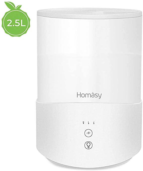 Homasy Upgraded Humidifiers for Bedroom, Home and Office, Diffuser with 7-Color Night Lamps, Top Fill and Easy to Clean Design, Whisper Quiet and Waterless Auto Shut Off