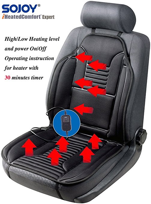 SOJOY Universal 12V Heated Car Seat Heater Heated Cushion Warmer High/Low/Temp Switch, 30 Mins Timer (Black)SJ154