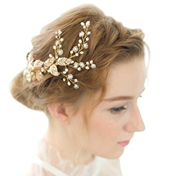 FAYBOX Vintage Gold Twig Crystal Pearl Side Combs Bridal Headpiece Wedding Accessories A