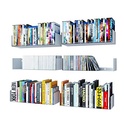 Wallniture U Shape Bookshelf Wall Mountable Metal CD DVD Storage Rack White Set of 6