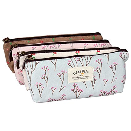 Accmart 4 Pack Pastorable Cute Canvas Bag Flower Floral Printed Pencil Pen Case Cosmetic Makeup Bag Storage Bag with Zipper(Coffee/Pink/White/Azure)