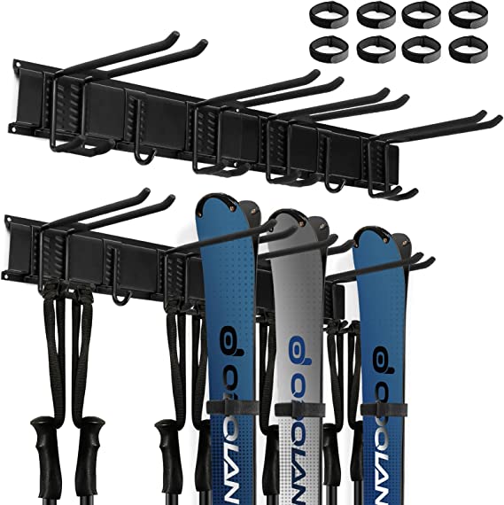 Odoland Ski Storage Racks, 12/8/4 Pairs of Ski Snowboard Wall Mount Hanger with Short Hooks and Ski Cinch Straps, Home Shed and Garage Organization System Snow Ski Holder Holds Up to 300lbs