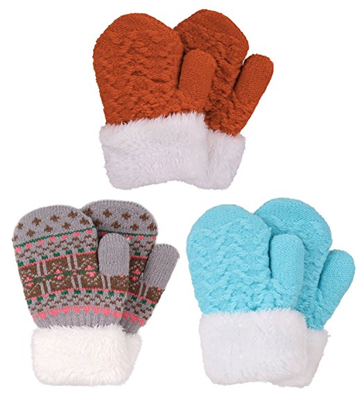 Arctic Paw 3 Pairs Kids' Sherpa Lined Knit Mittens Boys Girls Winter Gloves