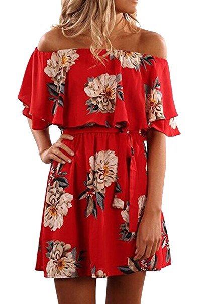 Pxmoda Women's Off Shoulder Floral Print Beach Dress Ruffle Mini Dress