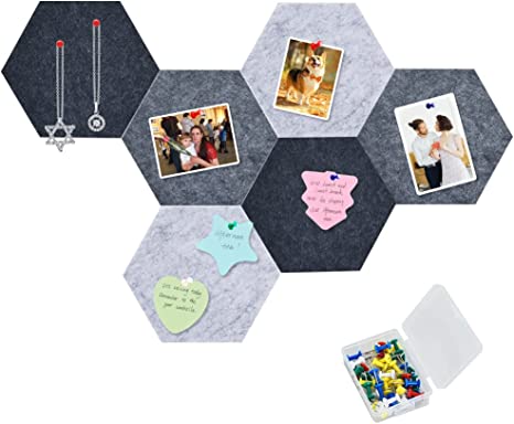 Vuzvuv 6 Pcs Gray Hexagon Felt Pin Board with 35 Pushpins, Self-Adhesive Lightweight Bulletin Board No Damage for Wall,for Paste Notes, Photos, Schedules, Announcements.