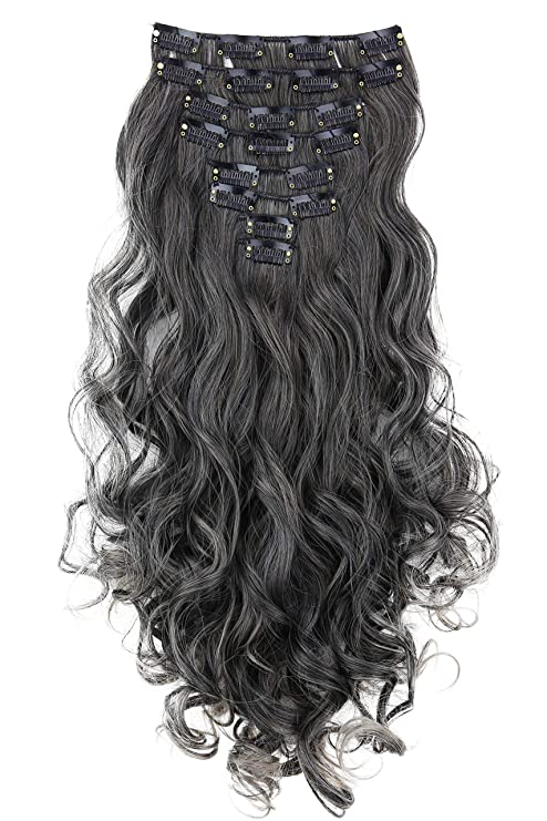 PRETTYSHOP XXL Full Head Set 7 pcs 24" Clip In Hair Extensions Hairpiece Wavy Heat-Resisting Ombré gray mix # 1Tray CE21-1