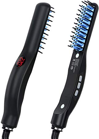 Beard Hair Straightener Comb for Men，Ceramic Electric Straightening Curling Brush(Black)