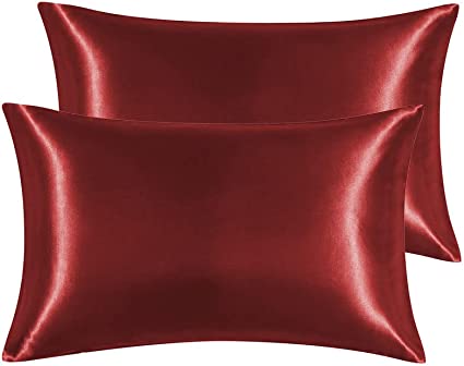 Hansleep Satin Pillow Cases King Set of 2 , Burgundy Soft Pillow Cover for Hair and Skin - Pillowcase for Hair and Skin - Satin Pillow Covers with Envelope Closure, King 20x40