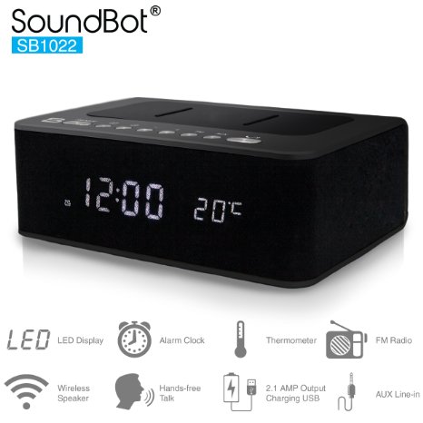 SoundBot SB1022 FM RADIO Bluetooth Wireless Speaker and Alarm Clock for Music Streaming and Hands-Free Talking w FM Tuner 21A USB Charging Station Built-In Mic 35mm AUX Line-In Thermometer Display