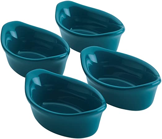 Rachael Ray Solid Glaze Ceramics Dipping Cups / Ramekin Set for Snacks, Desserts, and More, Oval - 4 Piece, Teal Blue