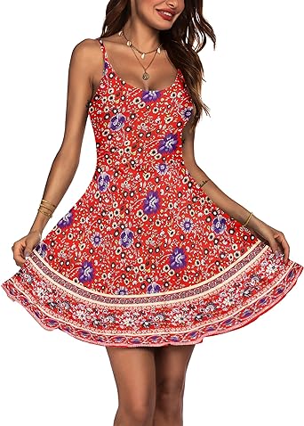 ACEVOG Women's 2023 Summer Dress Adjustable Spaghetti Strap Boho Floral Fit & Flare Beach Sundress