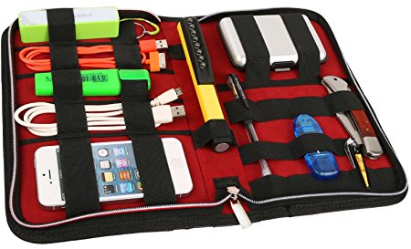 Universal Electronics Accessory Travel Case- Elastic Band Retention System to Organize: Hard Drive, Cable, Smartphone, Phablet, Adapter, External Hard Drive, Flash Drive, USB and More