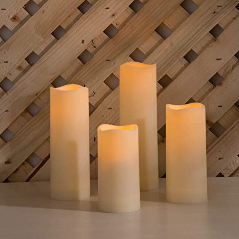 Outdoor Flameless Candles with Timer - Battery Operated, 2 Inch Diameter, Waterproof Ivory Resin, Flickering Warm White LED, Remote Control - 4 Pack