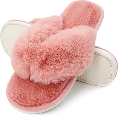 Onmygogo Plush Indoor Flip Flop Thong Slippers for Women Open Toe, Fuzzy Faux Fur Spa House Slippers