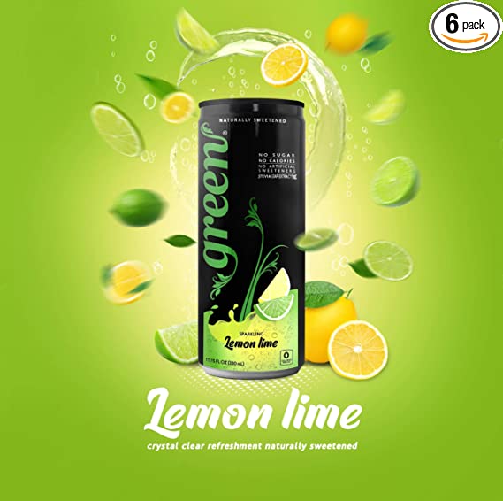 Green Lemon Lime - No Sugar, No Calories, Naturally Sweetened with 100% Stevia Leaf Extract, Carbonated Soda, 11.15 Fl Oz each can - Pack of 6