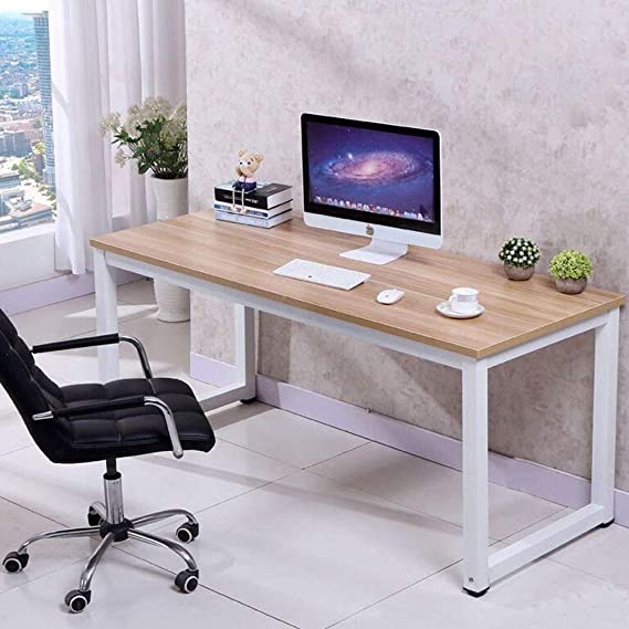 Computer Desks 120 x 60 cm Workstation Home Office Study Desk Made of Wooden and Anti Rust Paint Steel Frame for Bed Room Lounge (Teak With White Leg)
