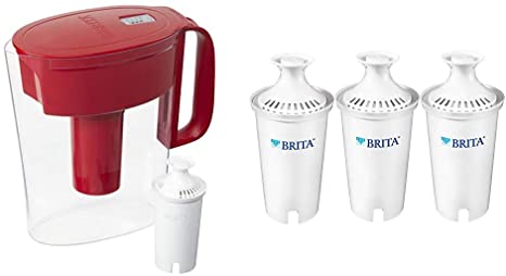 Brita Water Pitcher with 1 Filter, 5 Cup, Red & Water Replacement Filters for Pitchers and Dispensers, 3ct, White