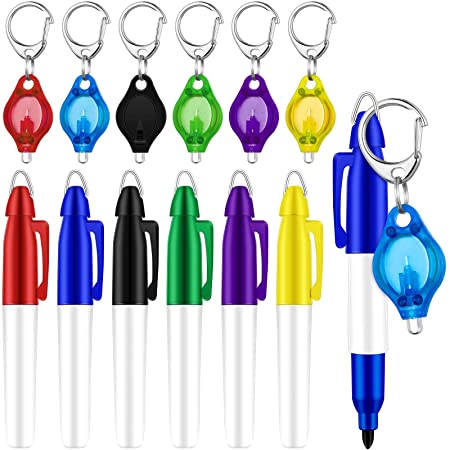 12 Pieces Mini Flashlight Keychain Permanent Marker Keychain for Badge Set LED Key Ring Light Bullet Tip Fine Point Markers (Red, Yellow, Blue, Purple, Green, Black)