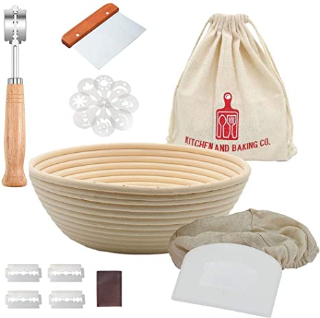 Banneton Bread Proofing Basket Set - 9 Inch Round Proving Bowl for Sourdough - Baking Supplies Include Linen Liner, Dough Scrapers, Bakers Lame and Stencils for Shaping and Scoring - Great Bakers Gift