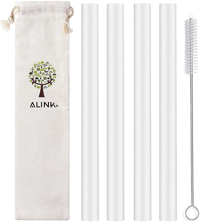 ALINK Reusable Clear Silicone Boba Straws, 4-Pack Extra Wide Smoothie Straws for Bubble Tea/Milkshakes/Tapioca Pearls with Cleaning Brush and Carrying Case