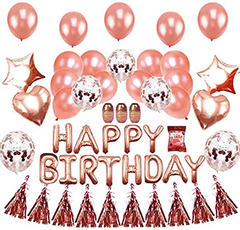 EKKONG Birthday Decorations - 38Pcs Birthday Party Supplies Rose Gold Party Decorations Xenon Foil Balloons Rose Gold Confetti Balloons Happy Birthday Balloon Banner Star Balloons Love Balloons Tassels (Rose Gold)