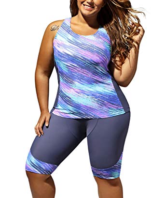 Farysays Womens Sleeveless Top and Cropped Pants Two Piece Unitard Tankini Swimsuit