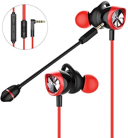 [Upgraded]Wired Gaming Earbuds,Langsdom Gaming Headphones with Detachable Dual Noise cancelling Mic, Volume Control Wired in-Ear Earphones with 3.5 MM Vertical Plug for computers, laptops and Smart Phone (Red)