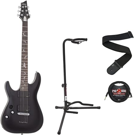 Schecter Damien Platinum-6 Left-Handed Electric Guitar in Satin Black with On Stage Guitar Stand, D'Addario Guitar Strap, and 10' Guitar Cable (4 Items)