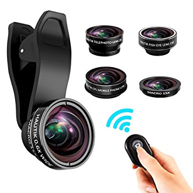 Cell Phone Camera Lens, ARORY 5 in 1 HD Lens Kit, 0.6X Wide Angle   15X Macro Lens   Telephoto Lens   CPL Lens, Clip On SmartPhone Lenses for iPhone 8/ 7/ 6/ 5/ 4, Samsung with Remote Shutter