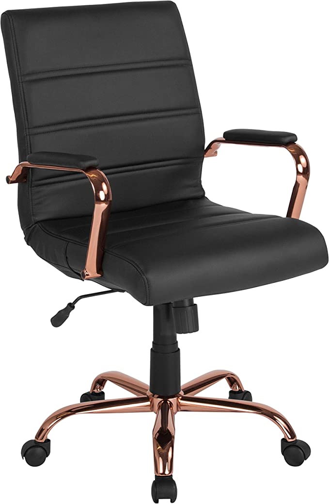 Flash Furniture Mid-Back Black Leather Executive Swivel Chair with Rose Gold Frame and Arms