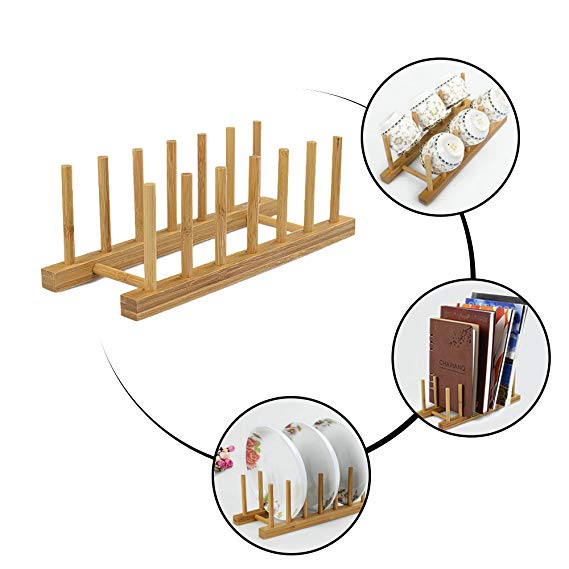 Natural Bamboo Dish Rack, Kitchen Drawer Organizer, Cutting Boars Cabinet Plate Cooking Lid Dry Display Holder, Pan Pot Bowl Food Drainer Drying Stand, Book CD Bottle Toy Cabinet Storage, Easy Install