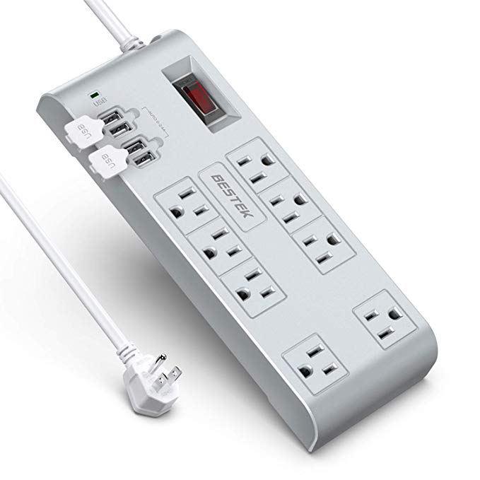 BESTEK 8-Outlet Power Strip with USB 15A 1875W Surge Protector with 5V 4.2A 4 USB Charging Ports Desktop Charging Station,6 Feet Long Power Cords,600Joules,Ultra-Compact Wide Spaced Outlet for TV,Grey