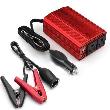 BESTEK Dual 110V AC Outlets 300W Power Inverter with 38ft Battery Clips Cable