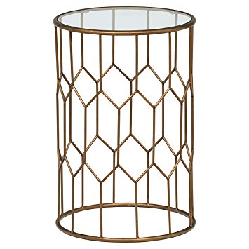 Rivet Geometric Modern Glass and Metal End Table, 15.6" W, Gold Finish