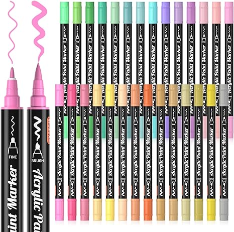 28 Pastel Colors Dual Tip Acrylic Paint Markers, Brush Tip and Fine Tip Acrylic Paint Pens for Rock Painting, Ceramic, Wood, Canvas, Plastic, Glass, Stone, Calligraphy, Card Making, DIY Crafts