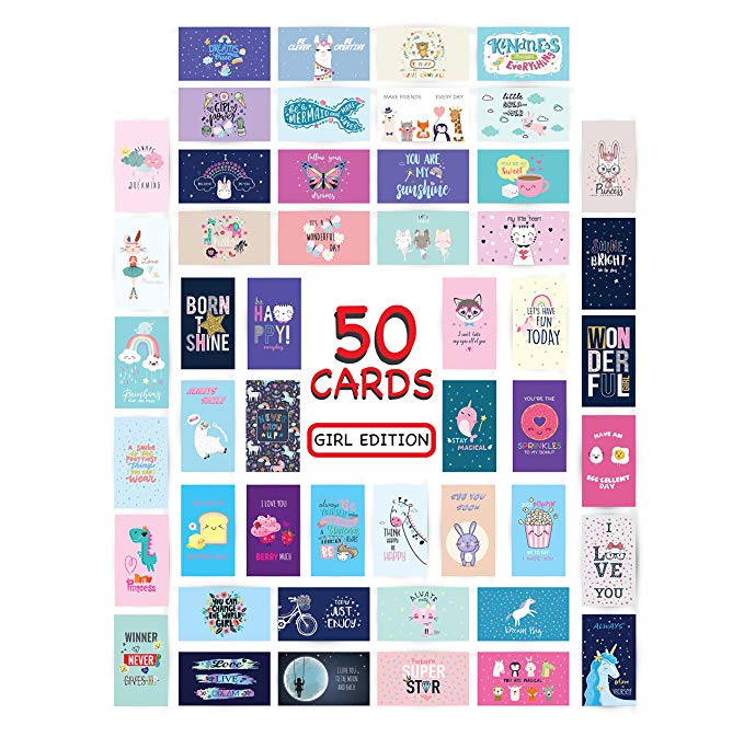 Lunch Box Cards Pack of 50 individual fun love notes for kids 2" x 3.5" (Girl Edition)