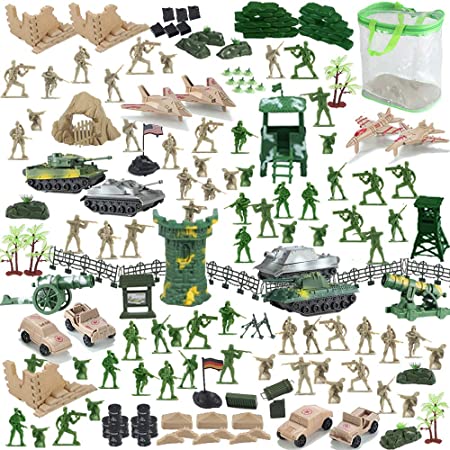 Nasidear 140 Piece Military Figures and Accessories - Toy Army Soldiers in 2 Colors, 14 Design Military Vehicle,War Soldiers Playset with 2 Flags and Battlefield Accessories