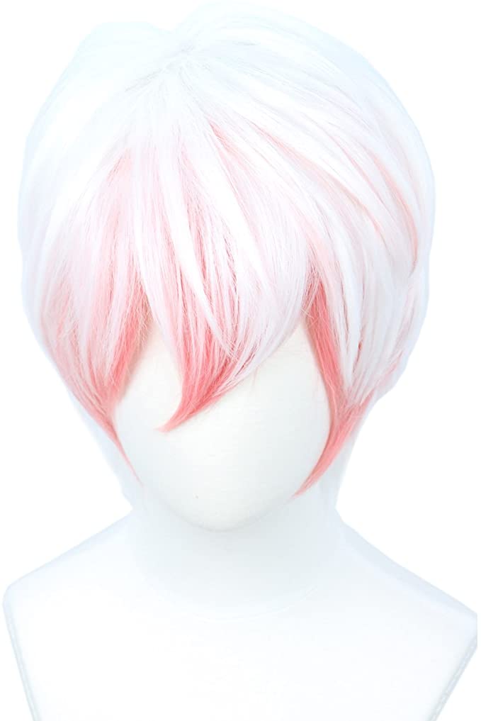 (pink white) - Linfairy Short Straight Pink White Cosplay Wig Halloween Costume Full Wig for Men