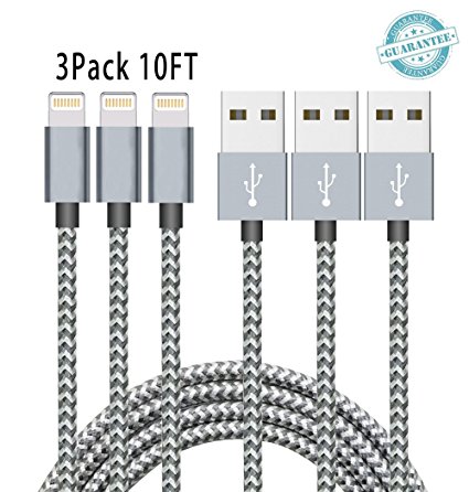 iPhone Cable DANTENG, 3Pack 10FT Extra Long Charging Cord - Nylon Braided 8 Pin to USB Lightning Charger for iPhone 7,SE,5,5s,6,6s,6 Plus,iPad Air,Mini,iPod(Grey White)